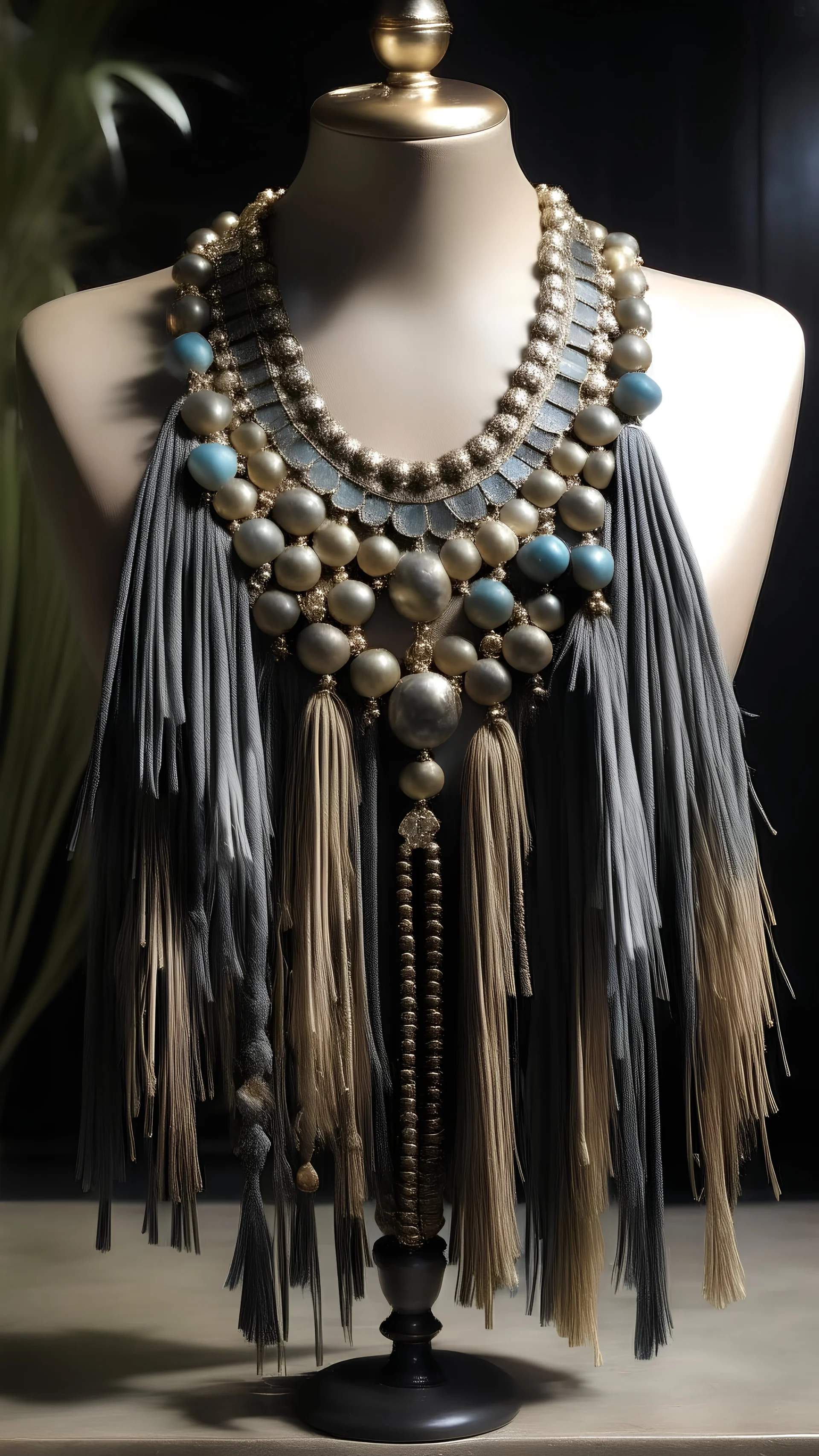 Statement piece with oversized gemstone and metallic fringe.