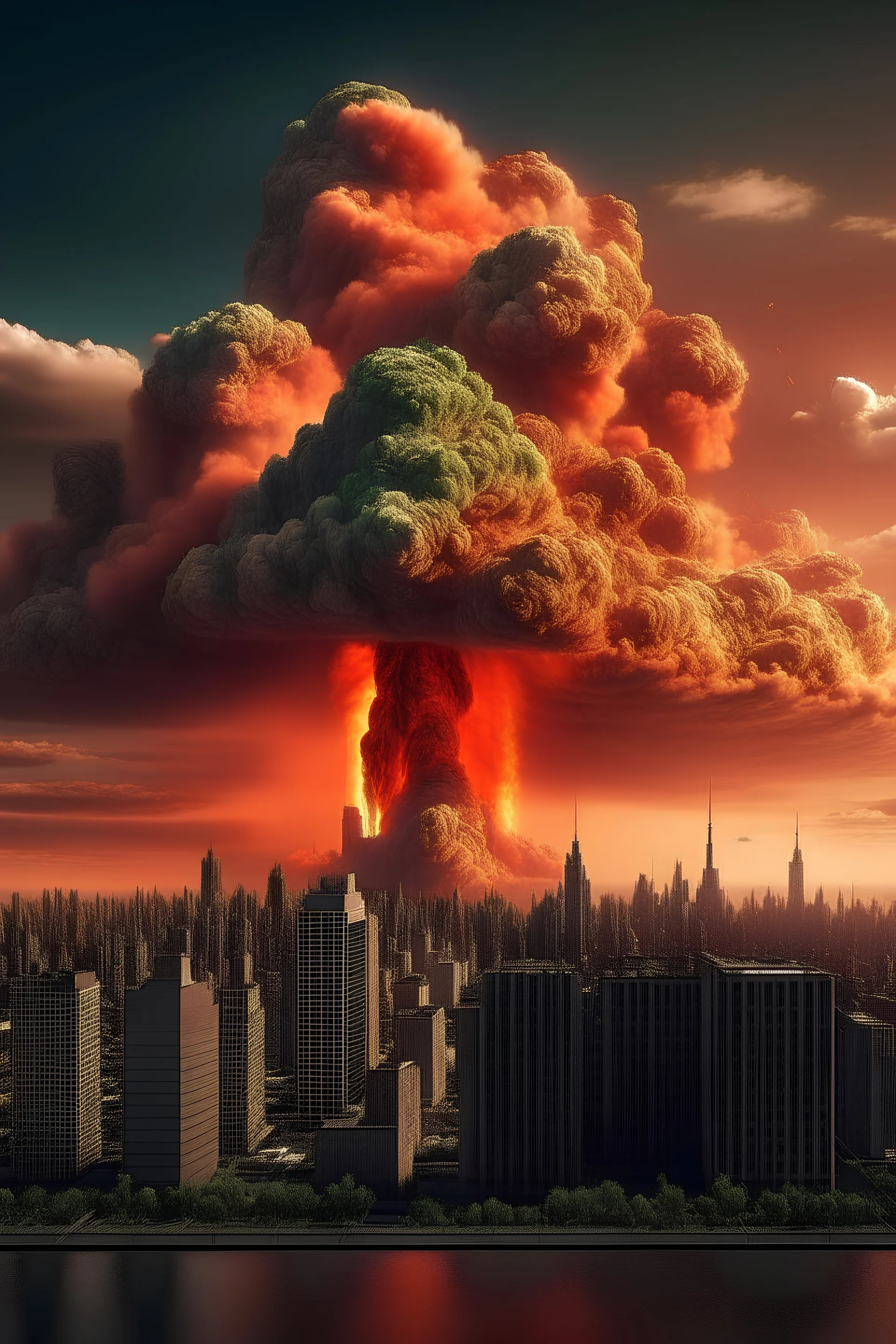 A volcano exploding over a new york city