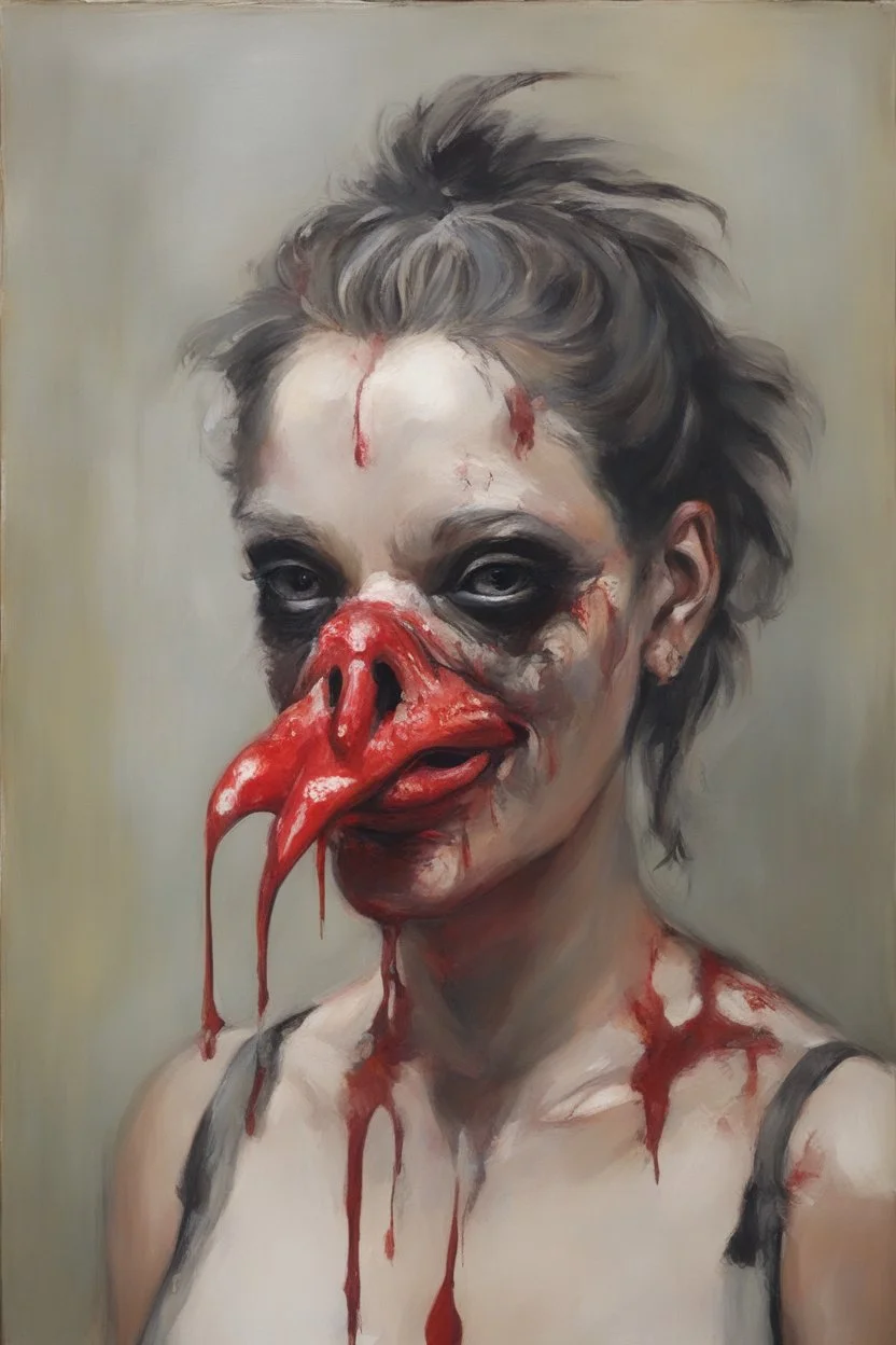 a portrait of a chicken prostitute with a black eye and a fat lip and blood dripping from her mouth, oil painting by Zushia Zalarngo