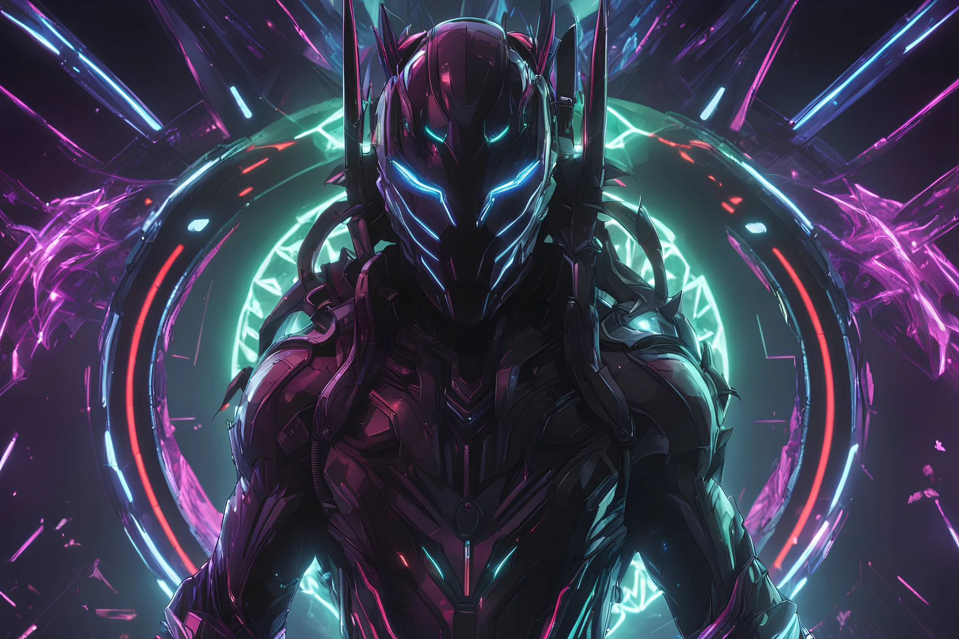 Machine with RGB cyber mask in 8k solo leveling shadow artstyle, Crystal and Symbiote them, neon effect , magic circle, close picture, full body, apocalypse, intricate details, highly detailed, high details, detailed portrait, masterpiece,ultra detailed, ultra quality
