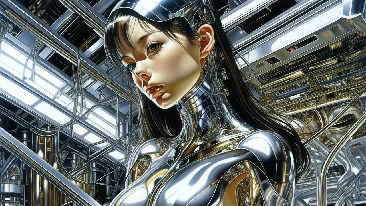 A digital photo by Hajime Sorayama of a beautiful cyborg girl inside a futuristic matrix.