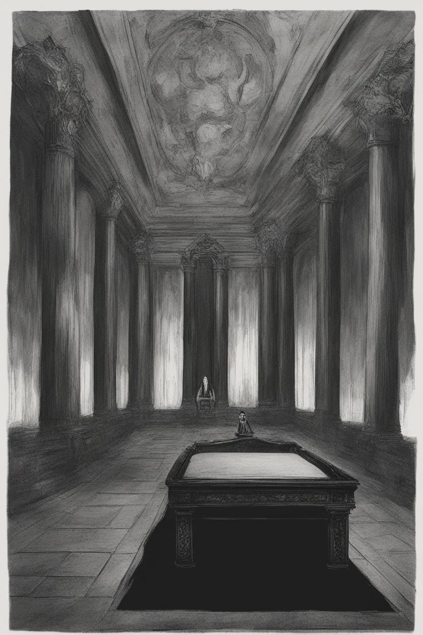 Toomb of the vampire Count Strahd Von Zarovich. Grand room, stone and marble, dark, black coffin made of polished ebony wood and brass. No windows. Perspective close to the coffin.