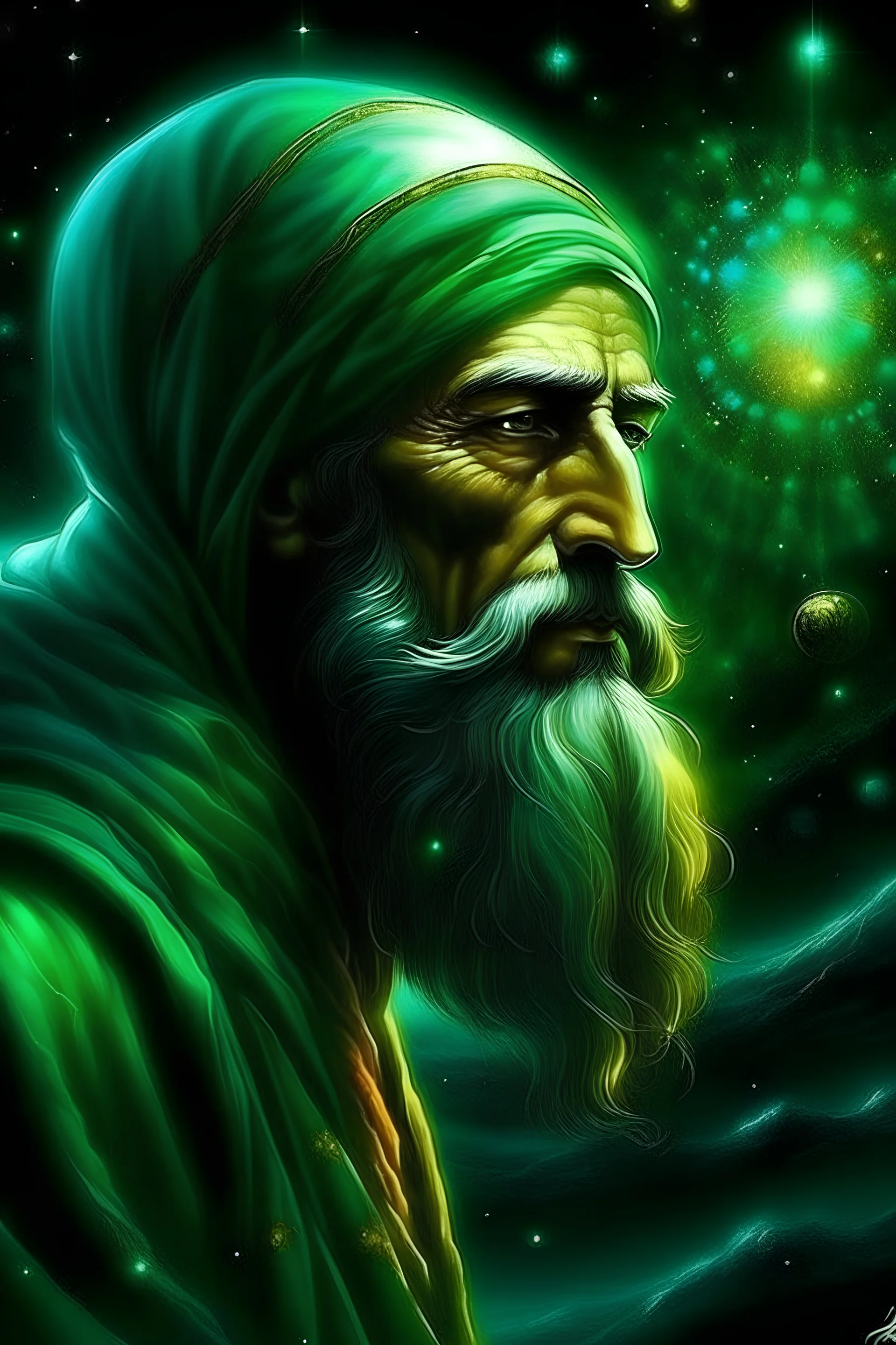 Imam Ali (A light is covering his face without showing his face and he wears a green turban) is creating the universe and suspended the vast expanses of the universe and caused the Splendour to shine and he is the Maker of sustainer of the universe