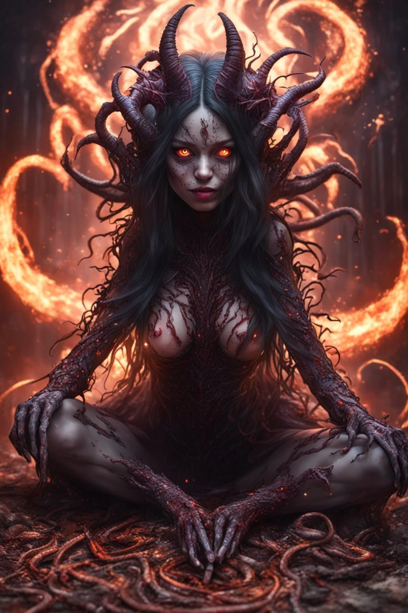 Demon girl wizard, siting, feet point view, fullbody, creepy, horrifying, sinister, many worms parasite creature connected to the head, sparks out her eyes, intricate, 8k, macro photography,