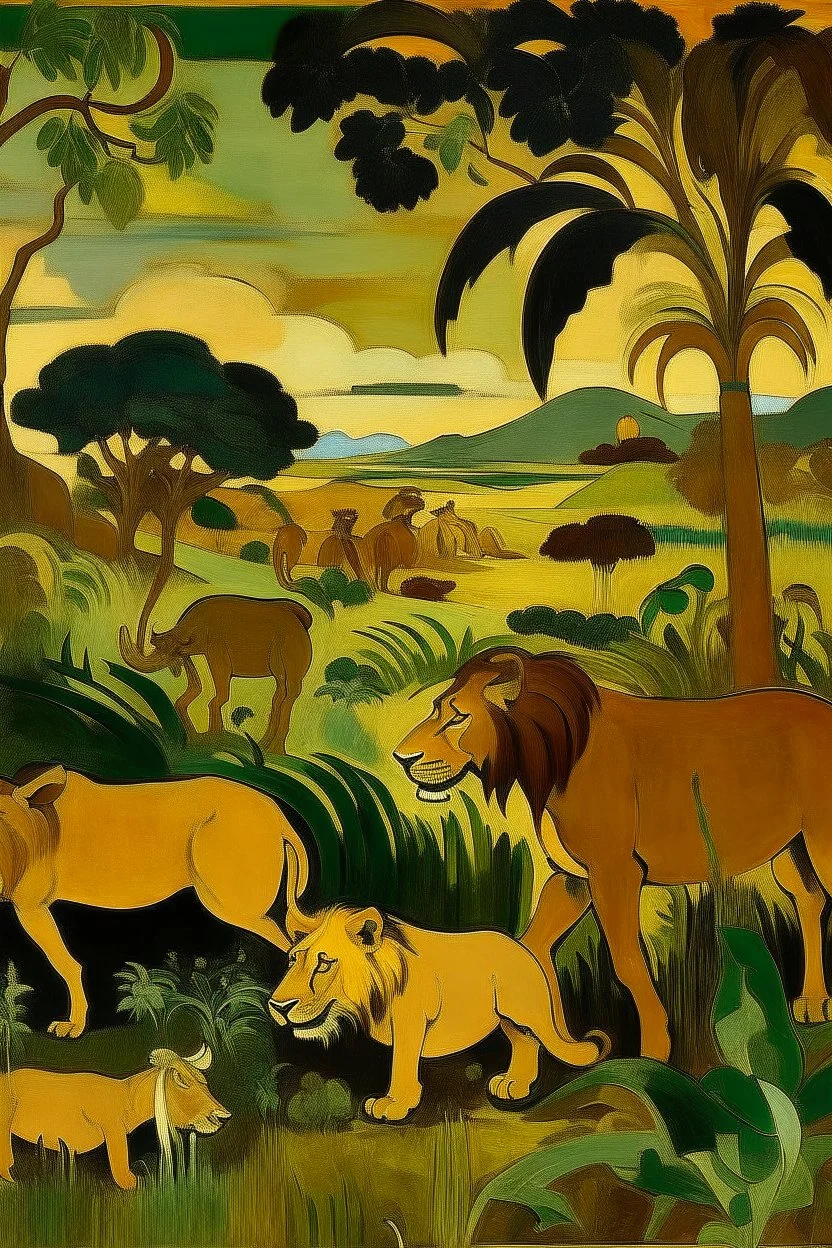 A mechanical savanna with lions painted by Paul Gauguin