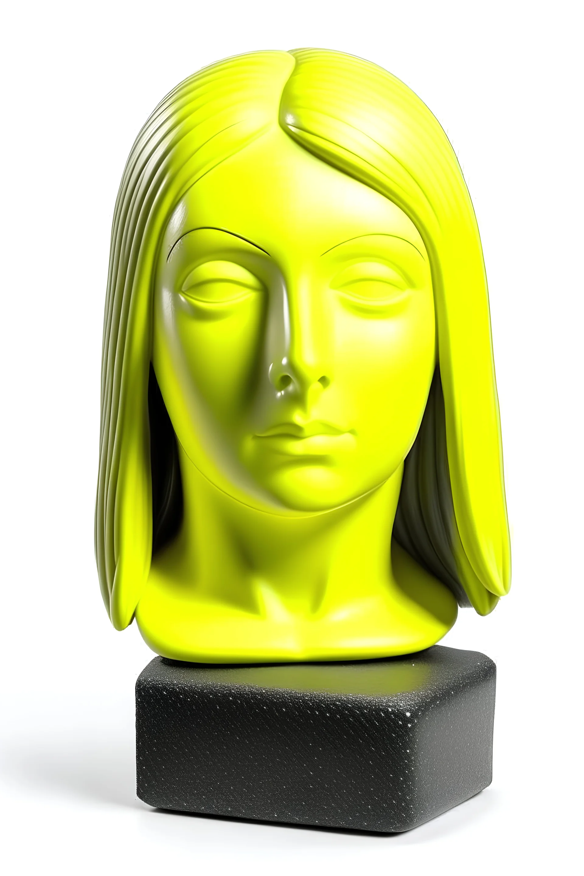 Full rubber female face with rubber effect in all face with pastel yellow long hair sponge rubber effect in grey with one black star on the forehead