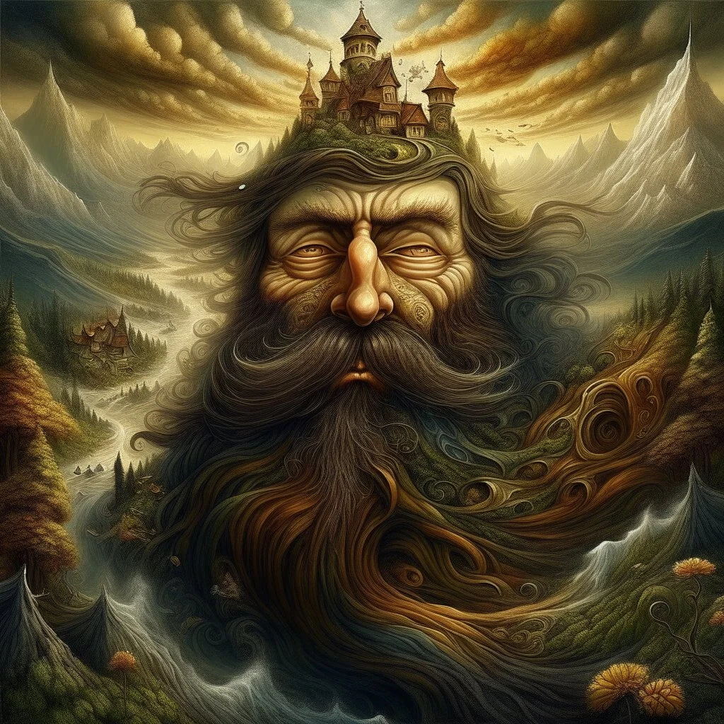 beard is morphing to a landscape, beard is forming to a landscape with focus on (whimsical village is coming out of the beard made of the beard's hair). Modifiers: digital painting dof fantasy intricate 8k oil on canvas masterpiece very attractive beautiful award winning fantastic view high definition crisp quality beautiful lighting dramatic surreal morbid mystical chiaroscuro earth tones symmetrical face no mistakes Dark tones Optical illusion Ray Caesar subtle colors dir