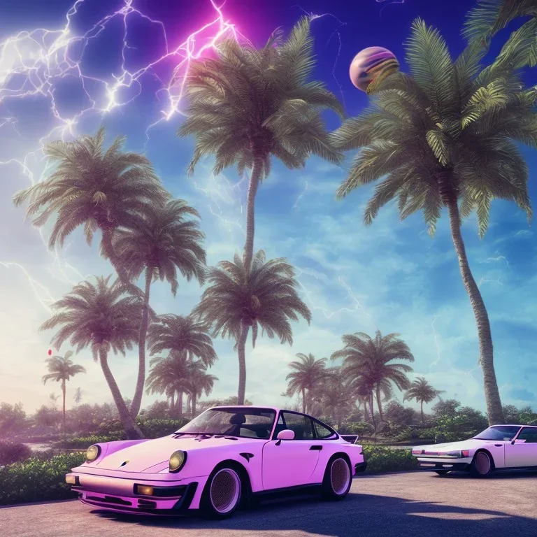 1980's aesthetic vaporwave palm trees and spheres and Porsche with lightning