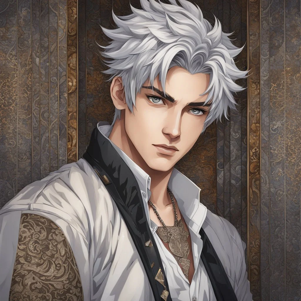 A stunningly detailed (((headshot portrait))), capturing the essence of a young man in his 20s with silver hair and piercing gray eyes, exuding a sense of confidence and protection, anime realism style, intricate mosaic backdrop