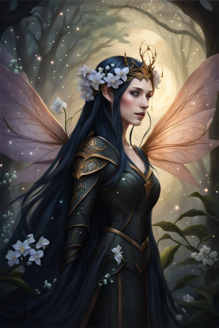 Peach hair ,Hydrangea,orchids,lilies of the valley,night,peachy hair,rapunzel hair,elven crown,dragonflies,pointed ears,elven ears,dark fairy princess,sparkle,,dark gold armour,fairy wings,,night stars