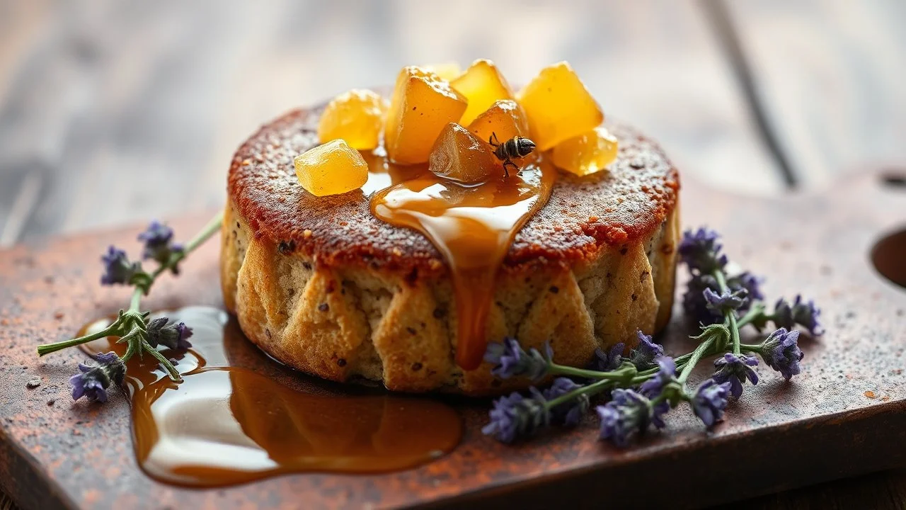 A nosecake infested with pavender and honey, topped with delicate honeycomb pieces and a dribble of pavender syrup. The nosecake is served on a rusty iron board, adorned with fresh pavender sprogs. Award-winning photograph, beautiful composition, exquisite detail and illumination