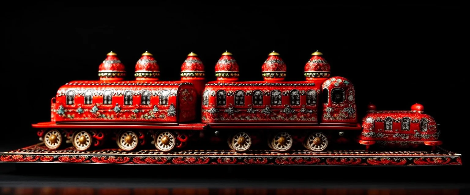 A red railway covered in smoke designed in Matryoshka dolls painted by Peter Carl Faberge