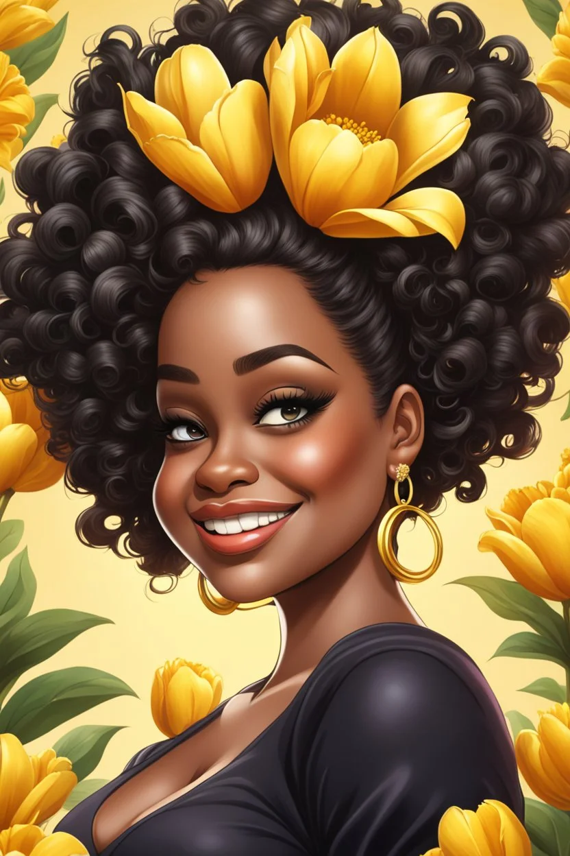 Create a airbrush cartoon art style image of a curvy black female looking down with a smile on her face. Prominent makeup with hazel eyes. Highly detailed messy curly bun with a hair scarf on her head with large yellow tulip flowers surrounding her. 2k