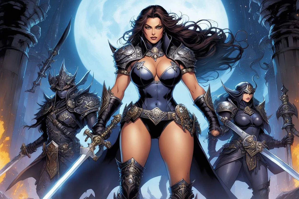 (in the style of Orion, by Masamune Shirow) skinny Ashley Graham, the Necromancer Queen emerges, her twin swords gleaming with dark power. Undead minions heed her command, twisted by her malevolent magic into grotesque servitude. Flanked by monstrous warriors, one decay-shrouded and the other a formidable mass of muscle, she nears the heart of the battlefield as a storm of dread brews above, echoing nature's