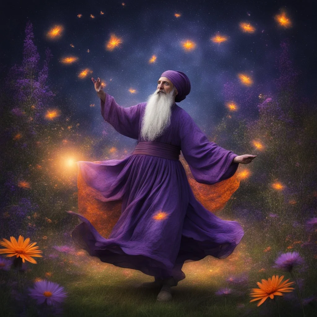 Hyper Realistic Sufi Whirling with Purple & Orange Islamic Sufi Rustic Grungy in a beautiful flower garden at dark night with fireflies & starts on sky