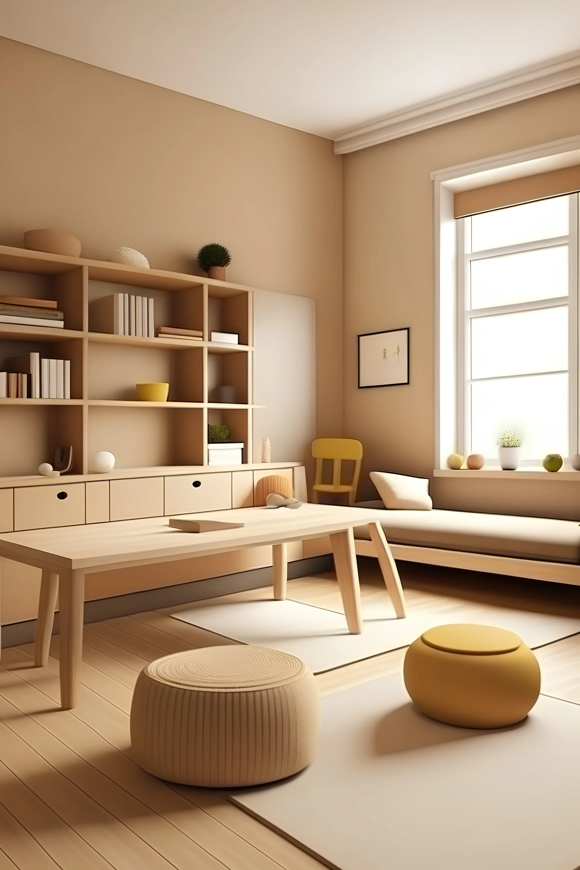 Minimalist playroom and study room for kids with study tables and couch with brown and cream background