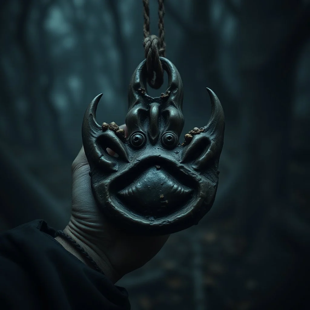 arcane, found footage, unsettling dread. withered monkey paw charm talisman, dull colors exacerbating an atmospheric gloom. gnarly, dark negative space,