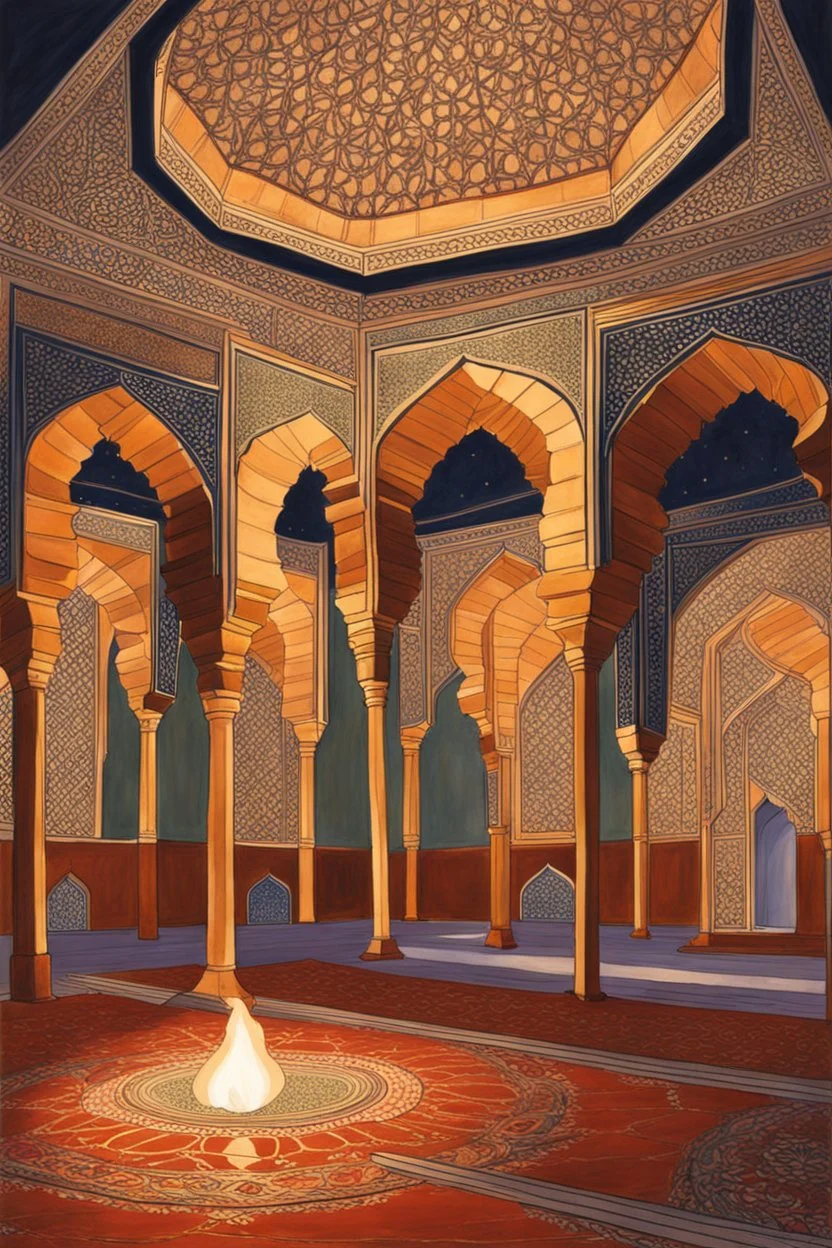 inside a Mughal mosque at night, by artist "Ingrid Umber", by artist "Sienna Lamberts"