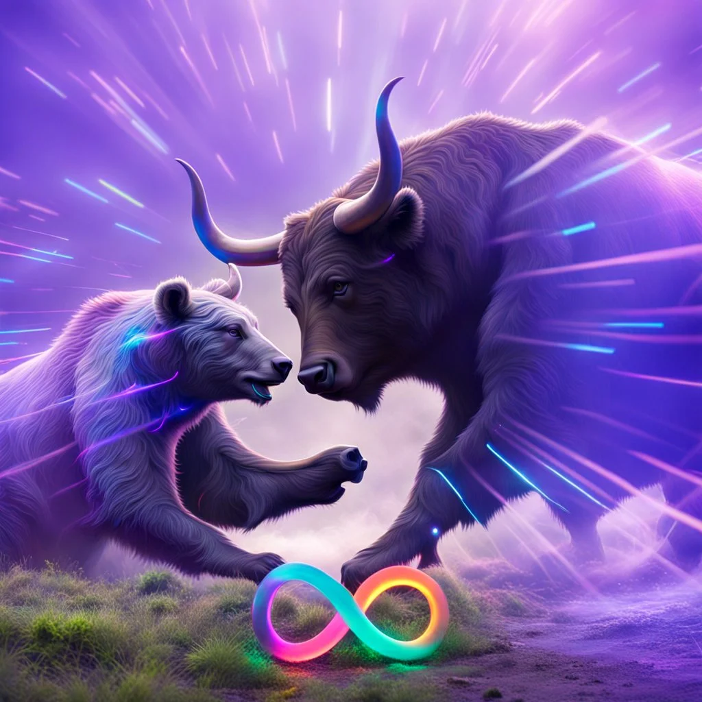 brightly coloured 3D infinity symbol ∞, bull with horns on right fighting with a bear on left, bull is winning, DSLR with a 80mm lens f/16 and a slow shutter speed of 1/15s, realistic photograph, striking, neon, vibrant, chiaroscuro, dramatic, captivating, high-tech, powerful, fantasy, beautiful, octane render, 16k post-production, award-winning photo: atmospheric: commanding: clarity: ultra quality: striking: brilliance: stunning colors: amazing depth