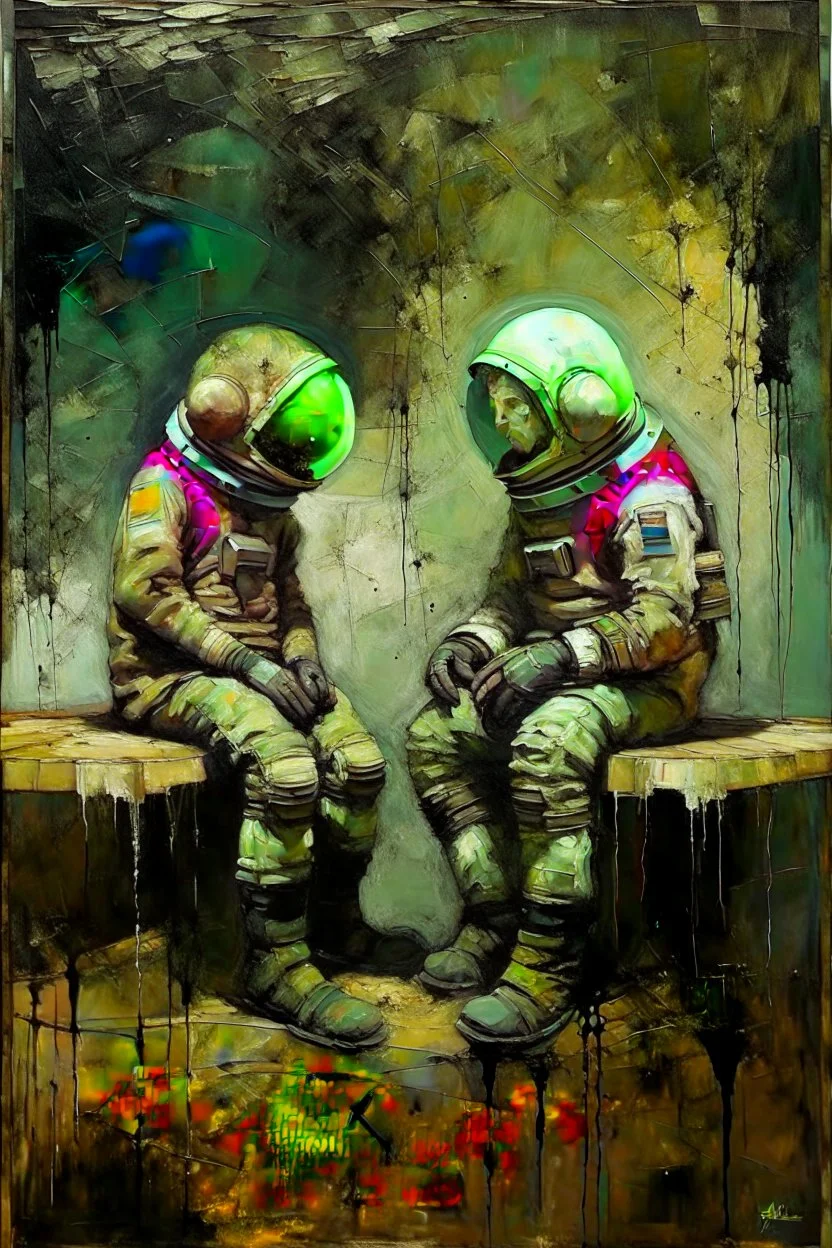 Cause you and I will be like a couple of cosmonauts Except with way more gravity than when we started off" minimalisric surreal space composition Modifiers: oil on canvas surreal Mixed Media mysterious Impressionism heavy brushstrokes Jamie Heiden Gayane Khachaturian arbitrary colour alteration dmt puff mild exorcism Squeak Carnwath Bif Inc.™