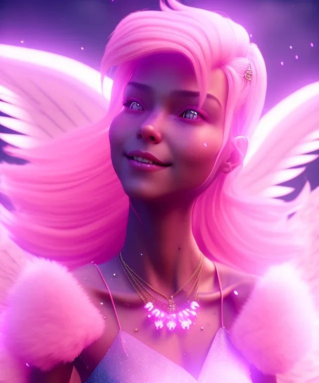 A portrait of beutiful smiling angel queen, sweet ligth pink atmospheric, realistic, unreal engine, cinematic lighting, octane render.