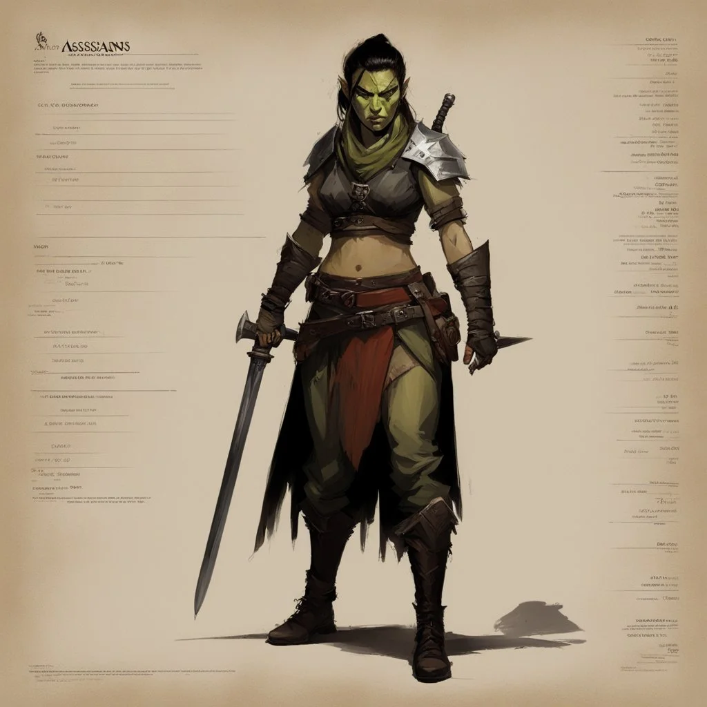 ConceptSheet [by Guy Borremans]: woman half-orc assassin and her dagger with AD&D statistics