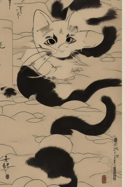 cat, ukiyo-e, highly detailed, black and white