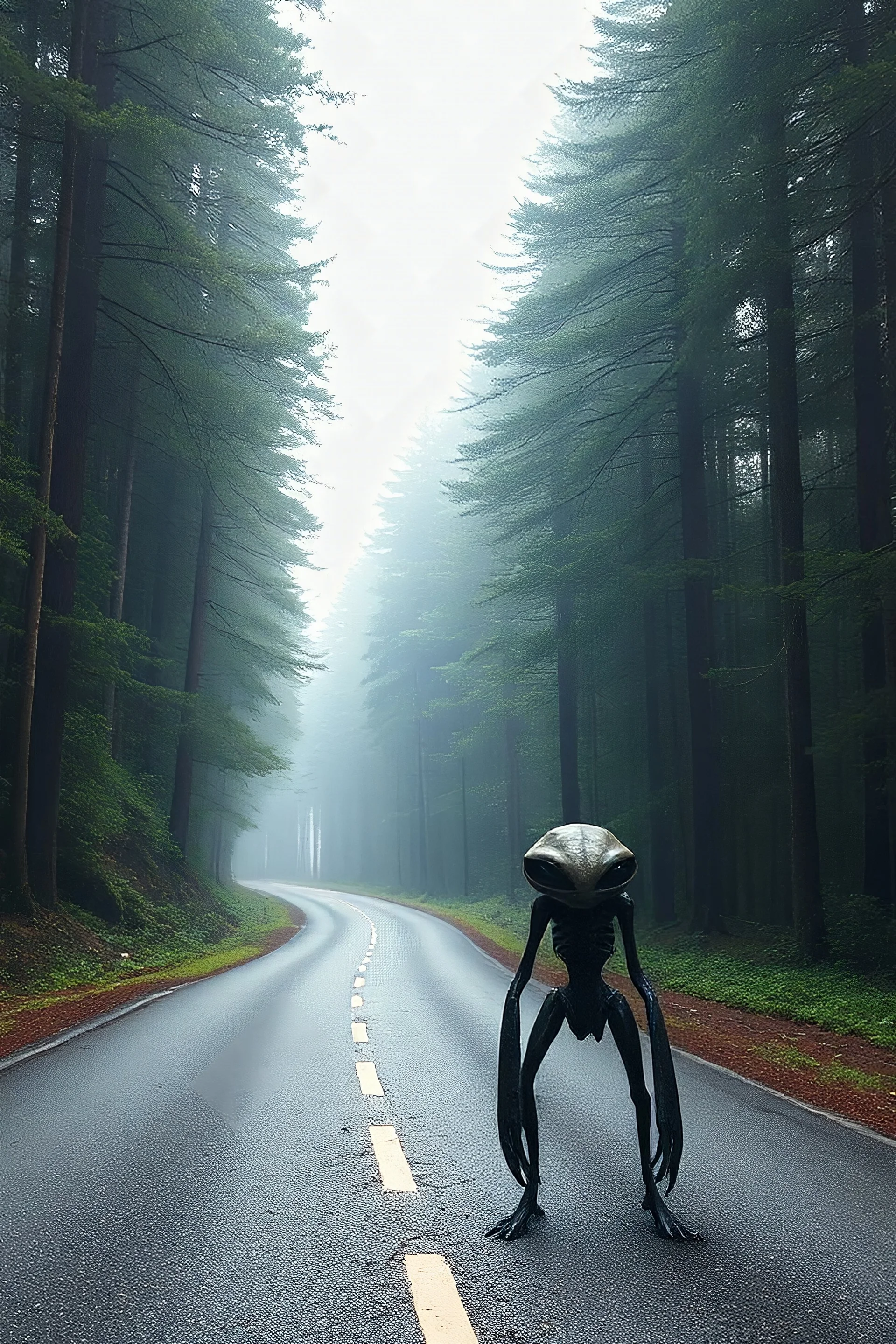 Fantasy forest road an alien creature waiting for a ride on the side of the road