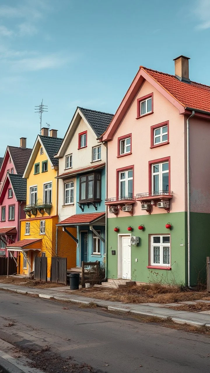 Fotografia di strada random assurda e falsa orripilante Moldavia Transnistria Adighezia weirdcore dai colori vivaci. Non luogo falso, inusuale. Max Ernst. Le case sono false e dipinte di chiaro con cose stilizzate e dettagli. Ci sono strane. , che danno un senso distopico e molto surreale, disposte in modo casuale. L'atmosfera generale sembra noiosa e onirica, con un contrasto tra elementi reali ed elementi dipinti falsi, René Magritte