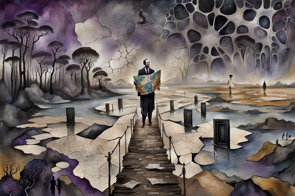 inner world this atypical world, in midle one alone human figure with a big map his hands in weird alternative clothes stands on the thin bridge , weird whimsical landscape, forest, and Sahara water and rocks,, around surreal cracked painted weird land with some black doors. dark purple, gray, black, white, brown. Whimsical style of Chagall , of Minjae Lee and Anton Semenov, lonely with absurd beauty. broken, weird bizarr,e absurd nightmare, neuron network background, surreal vibe