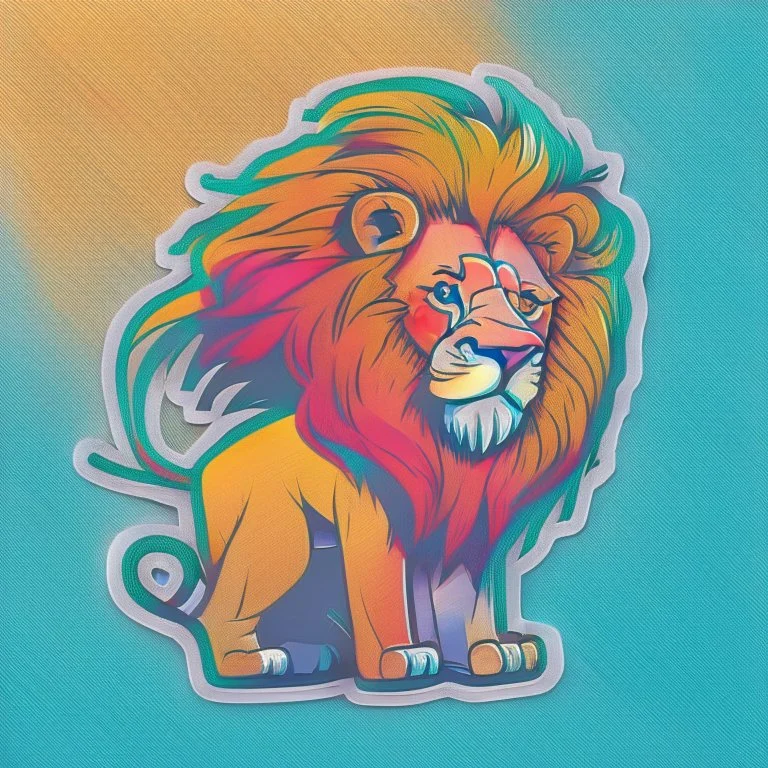 A sticker design in a minimalistic style featuring a caricature lion in vivid colors. The subject is presented alone on a neutral background.