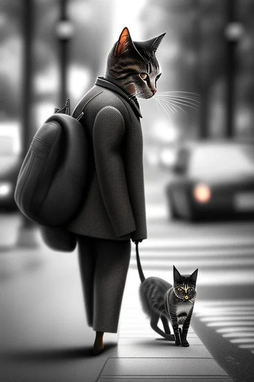 one single mature cat walking on the street, thoughtful, mourning, model style, hyper realistic, extremely accurate, delicate, extremely detailed, Graphic novel style, wide-angle, open aperture, superfine pencil