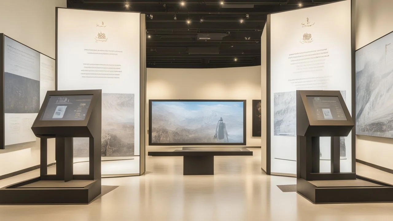 Interactive display screens in the Naqshahat Museum showroom, measuring 10 meters by 14 metres