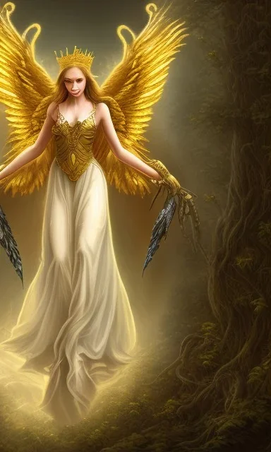 Angel with big wings and golden crown floating above the ground in the dark forestSorrow