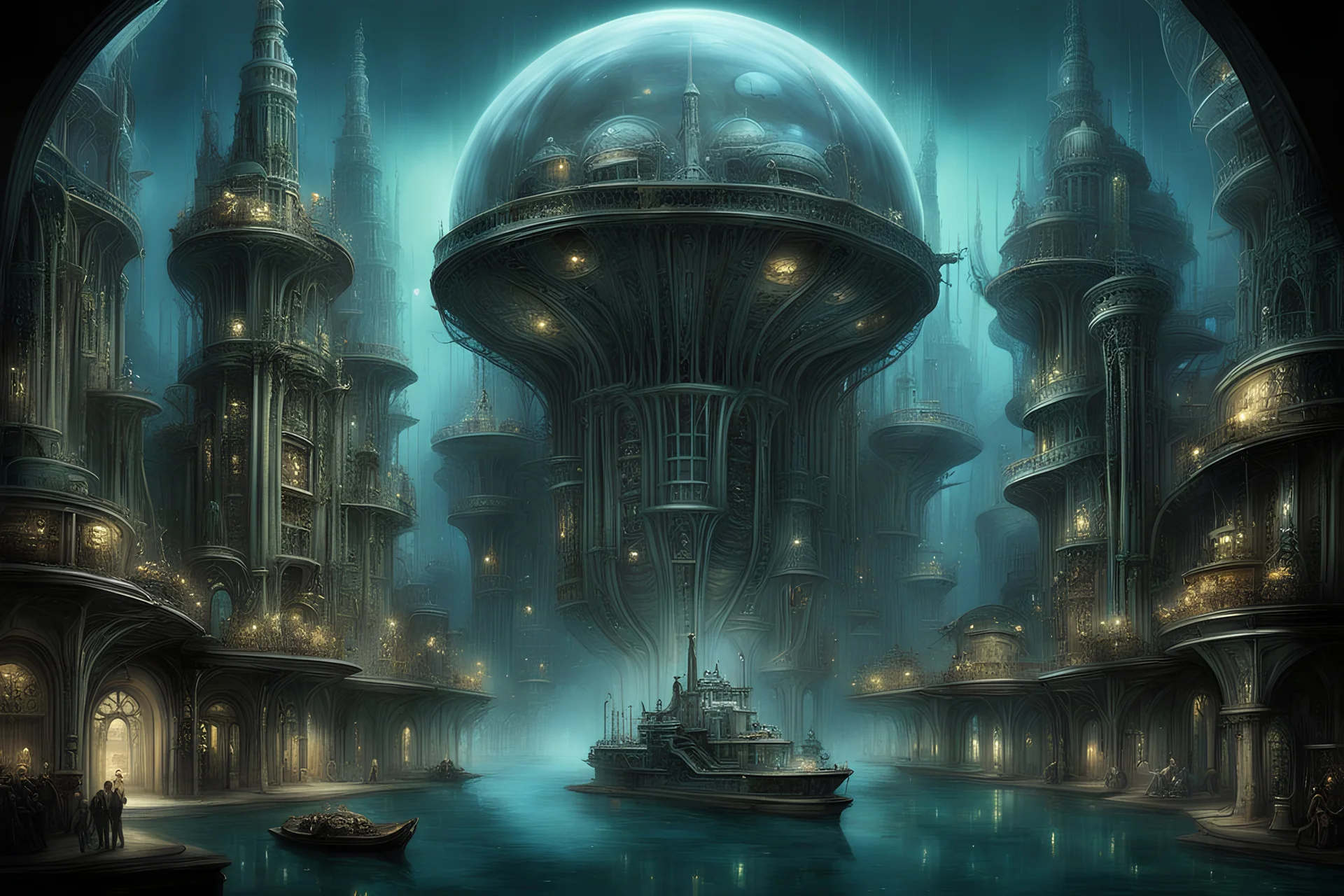 An underwater city built within colossal glass domes, with Victorian-era architecture and clockwork submarines navigating through schools of fish. The city's skyline is illuminated by glowing bioluminescent plants and steampunk gadgets. by H.R. Giger