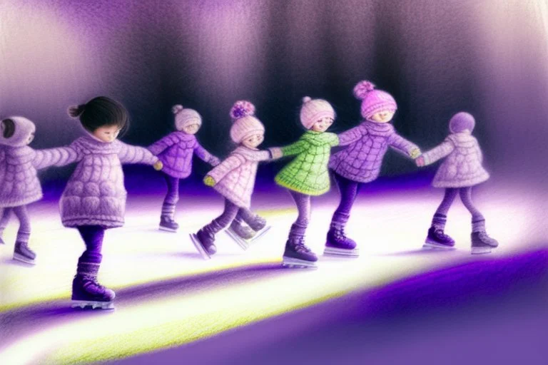 pencil drawing, pastel colours, in the foreground we see a purple knitted scarf falling on the ice, in the background cute cjibi children are skating happily in sunshine, ethereal, cinematic postprocessing, bokeh, dof