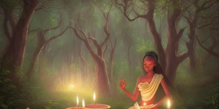 detailed beautiful african lady meditating at night with candles in an enchanted forest, fotorealistic, high quality, landscape, 17, chalice well