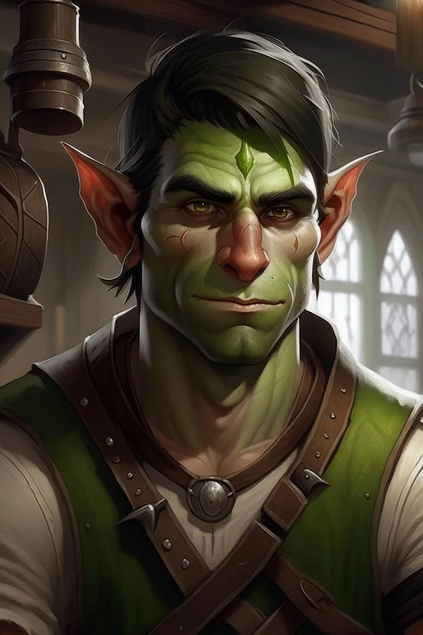 strong young half orc male who works at a tavern with pointy ears and green skin realistic short hair