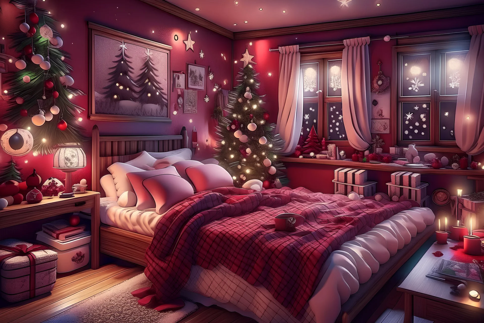 kamar tidur bertema natal yang nyaman, dengan banyak ornamen natal, bantal natal, boneka natal, ruangan yang berwarna sedikit merah dan ungu tetapi memiliki cahaya yang tidak terlalu terang, dan sedikit redup, dengan tambahan pohon natal kecil, untuk teman menginap dan mengobrol santai bersama dimalam natal