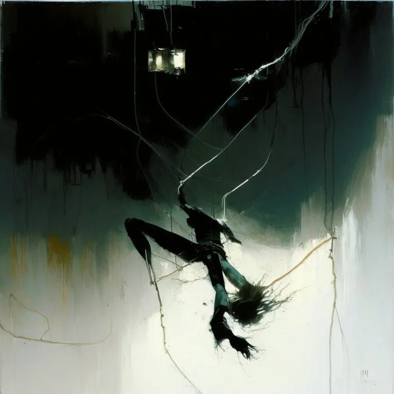 Minimal abstract oil paintings falling person limbs sinew and concrete fragments and hanging wires illuminated at night style of Justin Mortimer and Phil Hale and Ashley Wood