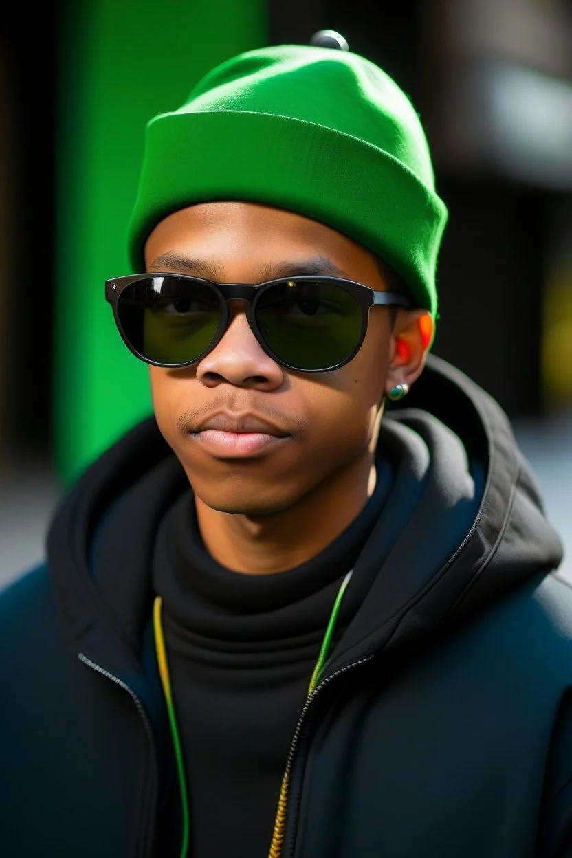 A yung man with huge black sun glasses and a green winter hat and a res t-shirt