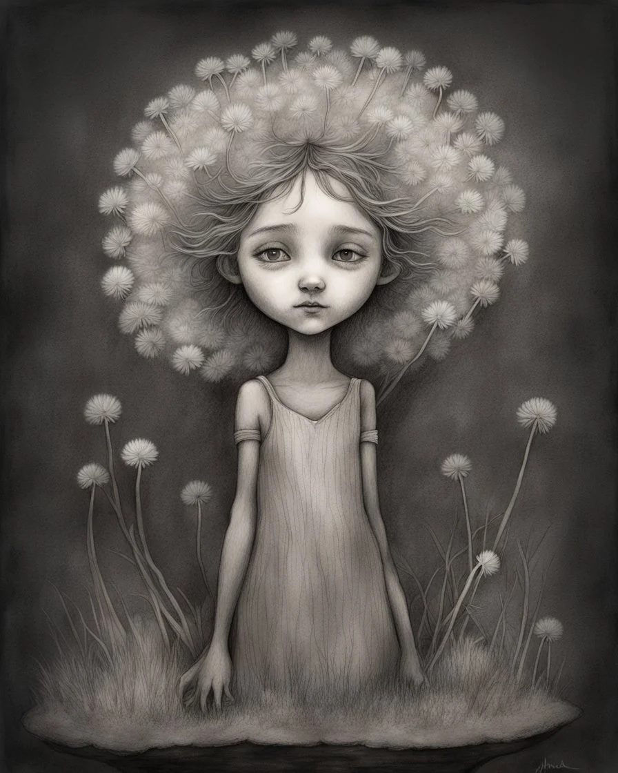 pencil and charcoal sketch of a cute happy little dandelion fairy girl, Mucha inspired emotional nature ephemeral sculptures of Andy Goldsworthy, tiny human form, essence captured as if created by surrealist photographer Noel S Osvald rendered in bright ombre colors, mixed with influences by John Bauer and Tim Burton, faded dark grey background, minimalistic art, with details that reflect advanced rendering techniques that push the drawing's realism even further Modifiers: trending on Artstation