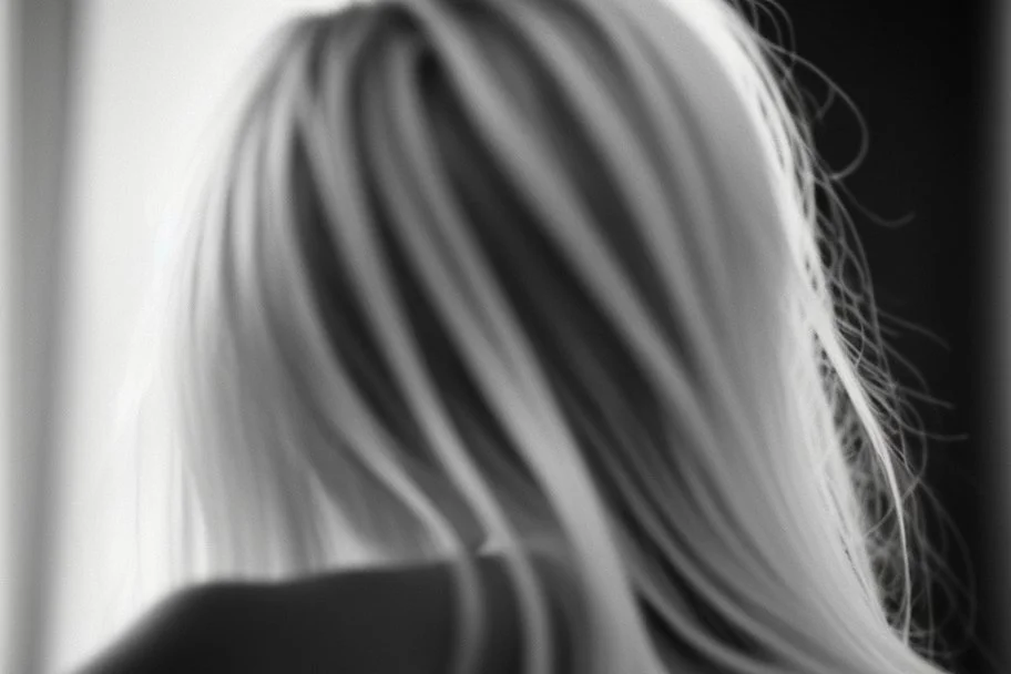 Mujer rubia de espaldas, retrato primer plano., iluminada potentemente desde atrás, Imagen en blanco y negro vaporoso, al estilo de la foto del fotógrafo Hugo Alonso.