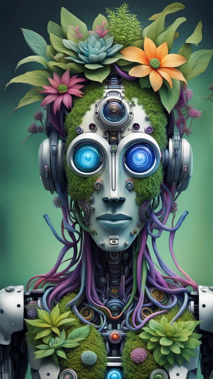 a portrait of a vegan hippie cybernetic robot made of living plants in all colors, and having a sentient look in its eyes, like a buddha