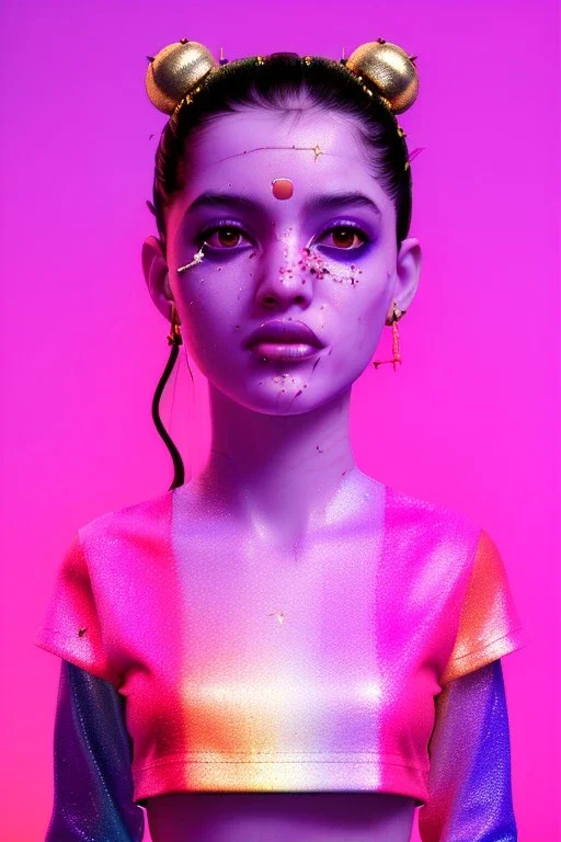 Ultra Realistic image, Rosalía artist, waist up portrait, black eye line, sweet angry face, geisha hair style, spray line make up, geometric, gold, rings piercing, led ornament, bubble latex coat, cold, led lights, pop style, pink, blue, gold, vibrant color, highly detailed, art stations, concept art, smooth, unreal engine 5, god rays, ray tracing, RTX, lumen lighting, ultra detail, volumetric lighting, 3d, finely drawn, high definition, high resolution.