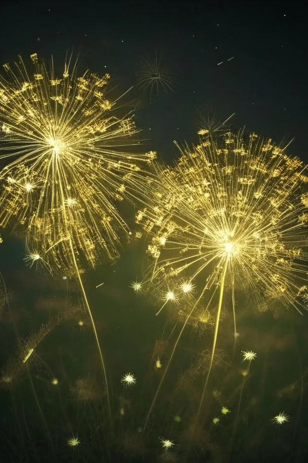 Dandelions glowing like fireworks in the sparkling summer night