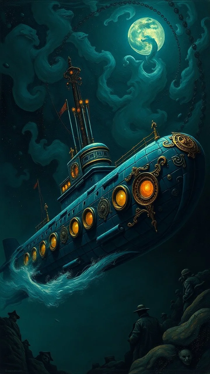 Captain Nemo dark submarine , paint it in the baroque style,