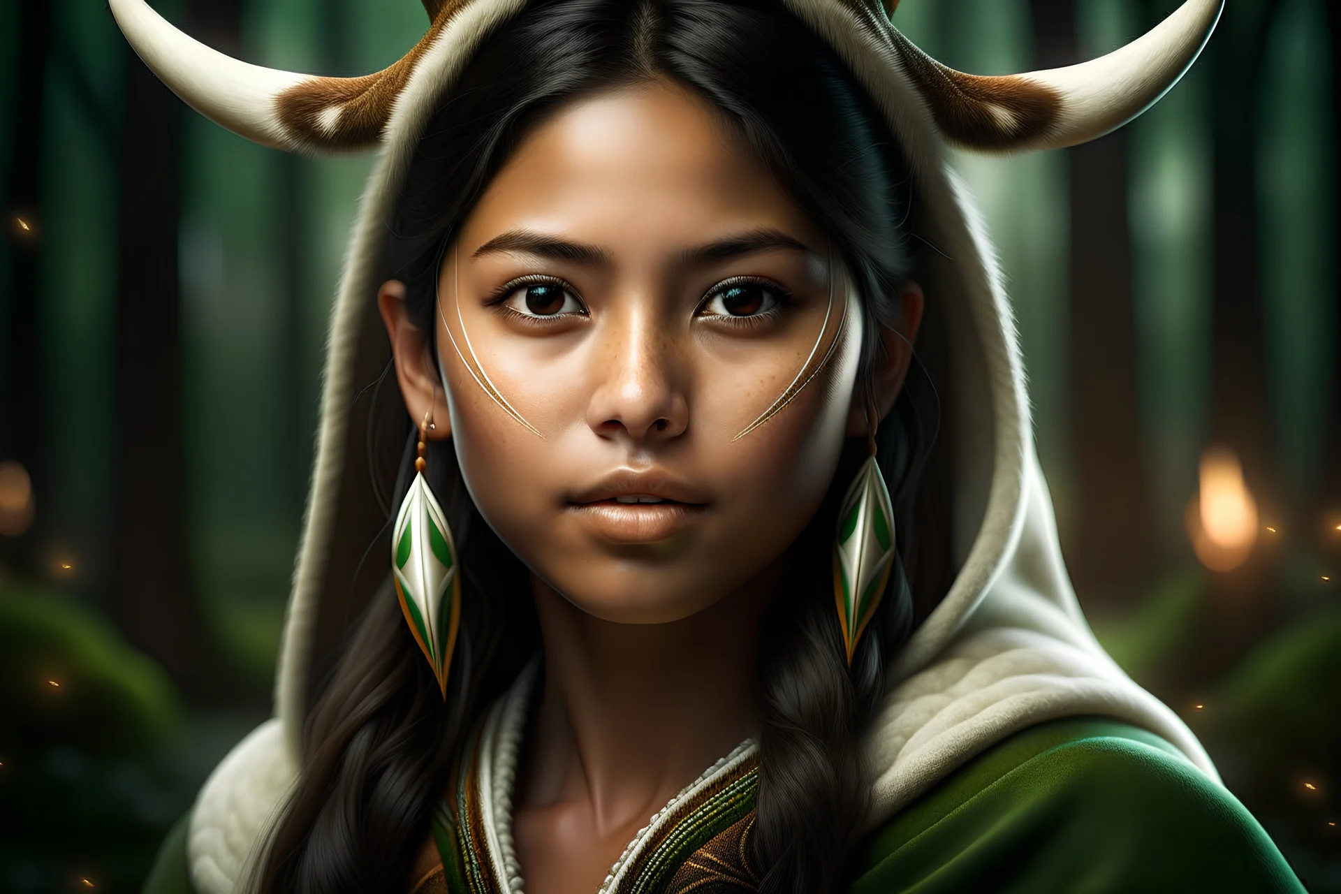 Digital art, high quality, digital masterpiece, natural illumination, realistic, action film style, (1 young peruvian girl:3), (dark brown hair:1.8), tan skin, (sexy green eyes:1.8), (Antlers on head:2.3),(tall:1.8), (White peruvian poncho:1.8), Peruvian patterns, a mountain at background, Divine shine, sunny day, (Sun in the sky:2)