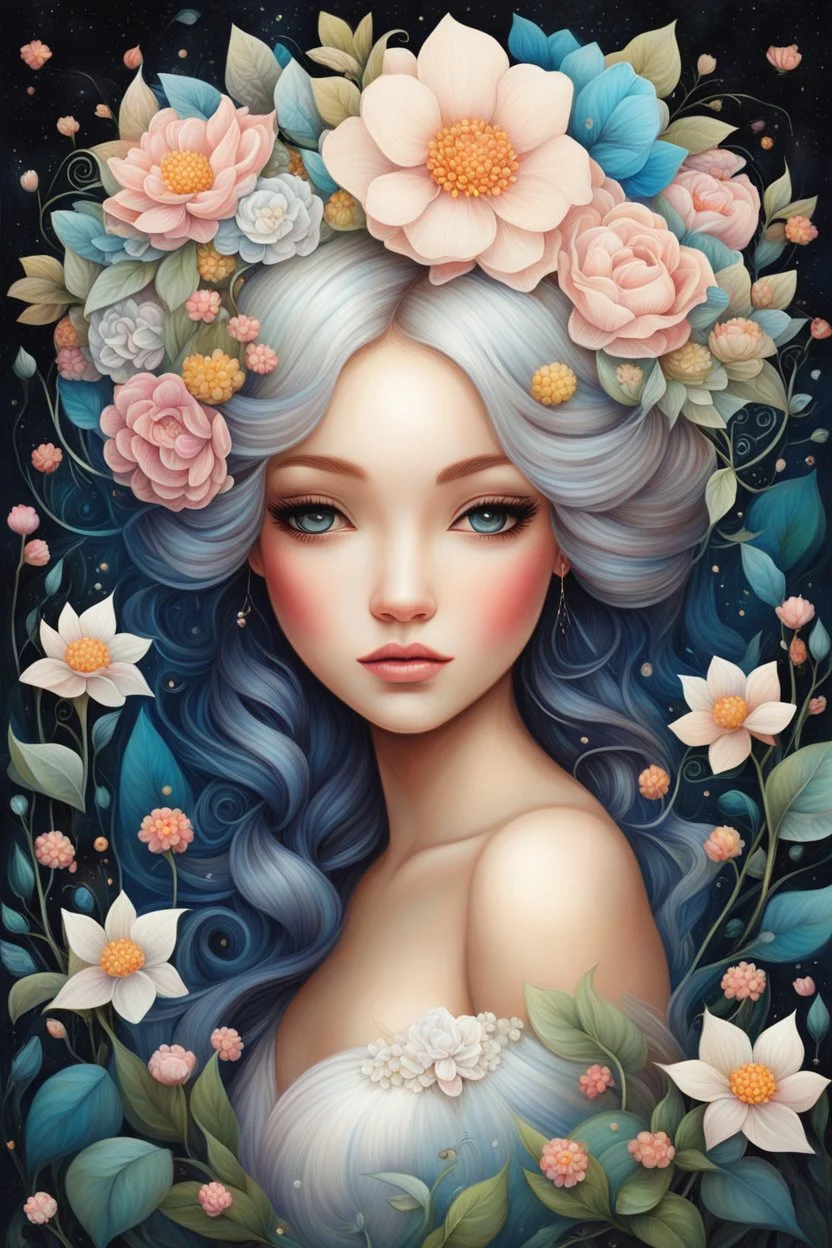 a painting of a woman with flowers in her hair, by Jeremiah Ketner, by Audrey Kawasaki, beautiful fantasy art portrait, by Juliette Wytsman, woman in flowers, by nicoletta ceccoli, beautiful fantasy portrait, by Jeka Kemp, by Melissa Benson, inspired by Jeremiah Ketner, girl in flowers, graphic artist magali villeneuve, anna dittman