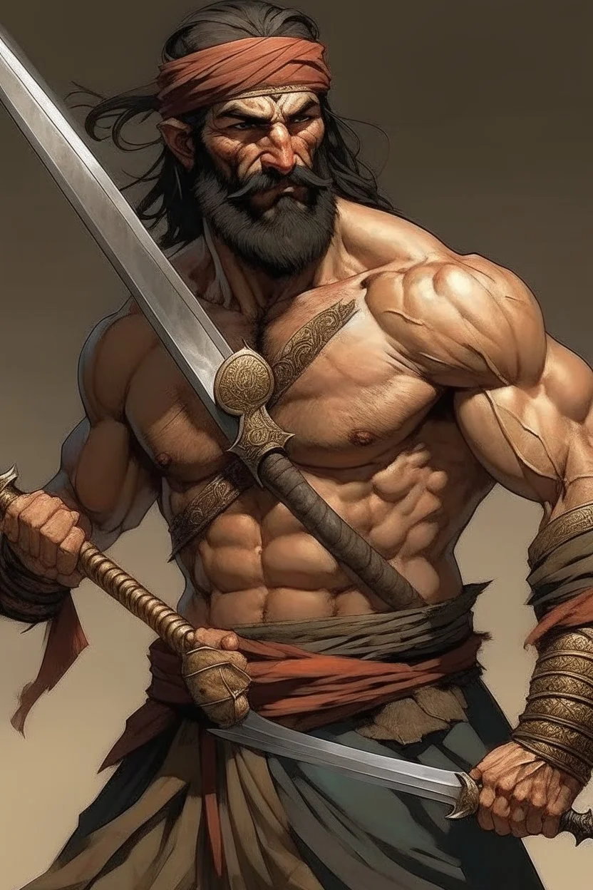 An incredibly muscular Gypsy man wearing a blindfold and holding a massive broadsword